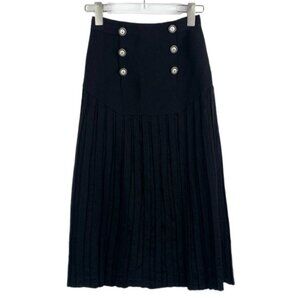 Chanel Black Knit Midi Skirt With Pleated Details & Decorative Buttons